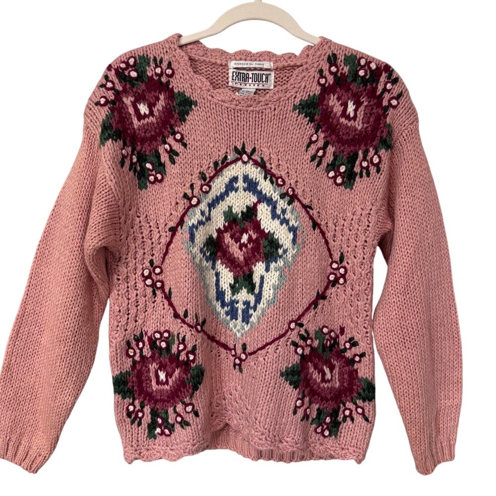 Vintage Chunky Knit Sweater L Petite Pink Mauve Rose Floral Granny Cottage Cozy
